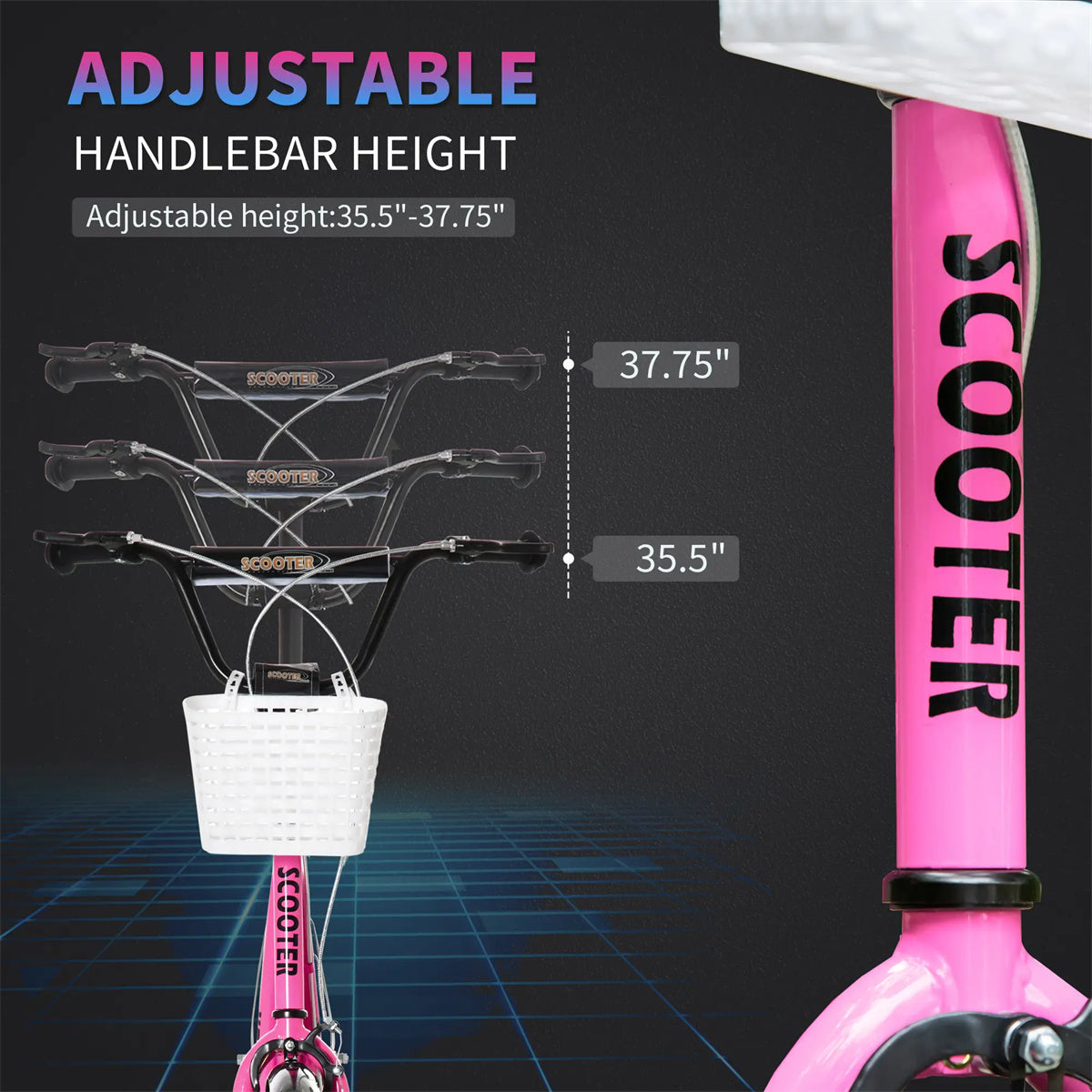 Scooter with Adjustable Handlebars and plastic basket  16" Inflatable Rubber Tires - Pink