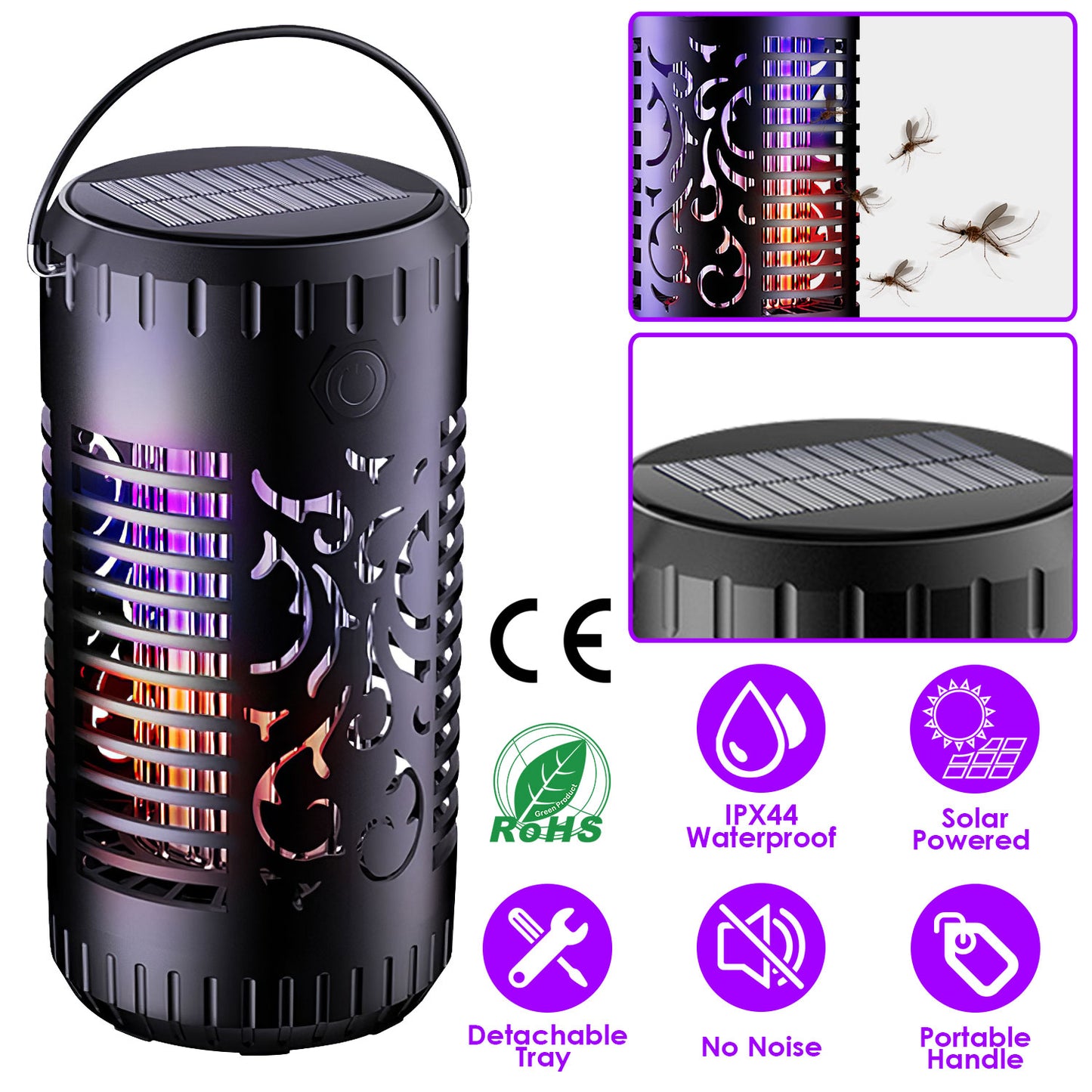 Solar Bug Zapper Garden Flame Flying Insect Killer Glowing Lamp Torch Mosquito Trap with 2 Light Modes 600V Grid Handle Detachable Tray