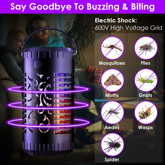 Solar Bug Zapper Garden Flame Flying Insect Killer Glowing Lamp Torch Mosquito Trap with 2 Light Modes 600V Grid Handle Detachable Tray