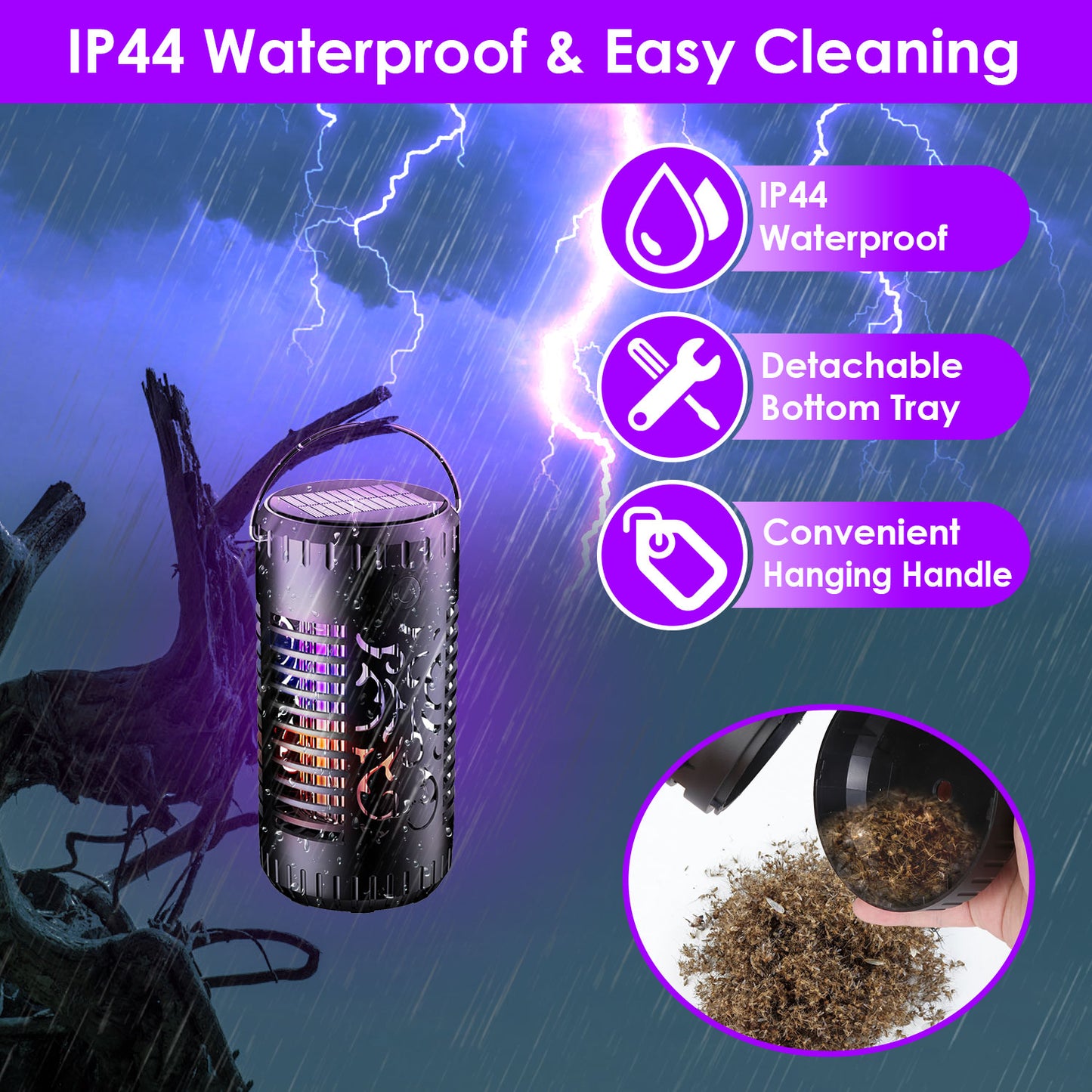 Solar Bug Zapper Garden Flame Flying Insect Killer Glowing Lamp Torch Mosquito Trap with 2 Light Modes 600V Grid Handle Detachable Tray