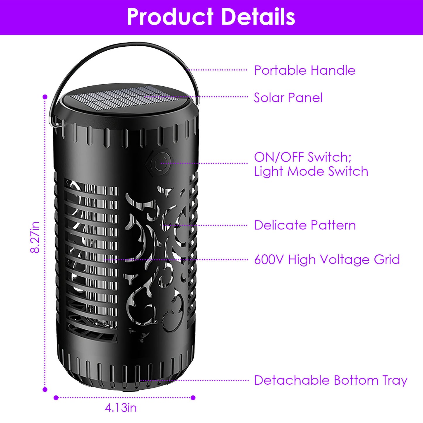 Solar Bug Zapper Garden Flame Flying Insect Killer Glowing Lamp Torch Mosquito Trap with 2 Light Modes 600V Grid Handle Detachable Tray