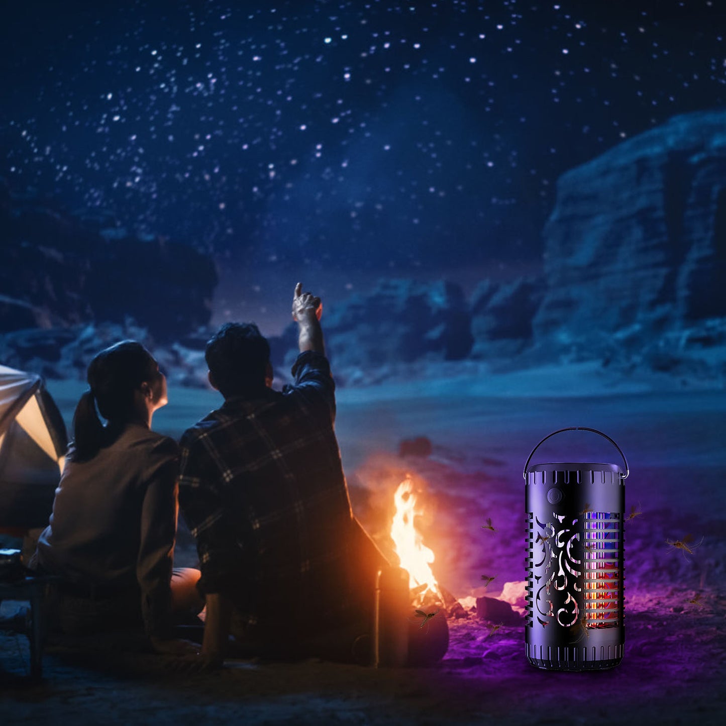 Solar Bug Zapper Garden Flame Flying Insect Killer Glowing Lamp Torch Mosquito Trap with 2 Light Modes 600V Grid Handle Detachable Tray