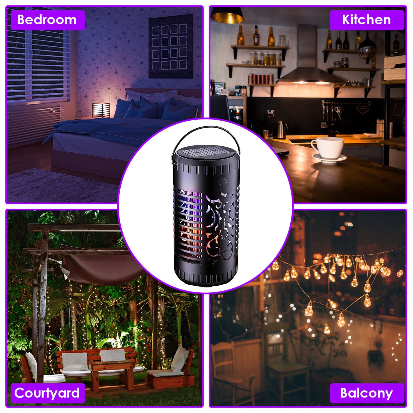 Solar Bug Zapper Garden Flame Flying Insect Killer Glowing Lamp Torch Mosquito Trap with 2 Light Modes 600V Grid Handle Detachable Tray