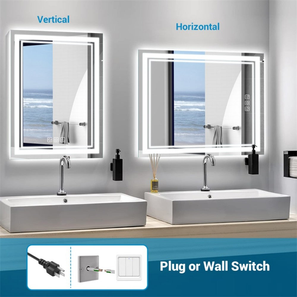 LED Bathroom Mirror with Lights 32"x 24" Wall Vanity LED Mirror Stepless Dimmable, Double Front and Backlight, Anti-Fog, Memory Smart Mirror