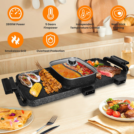 2 in 1 Hot Pot with Grill, Electric Hot Pot 2 in 1 Hot Pot BBQ Grill, Removable Hotpot Pot 2800W /Large Capacity Power Separate Temperature Control, Electric Grill