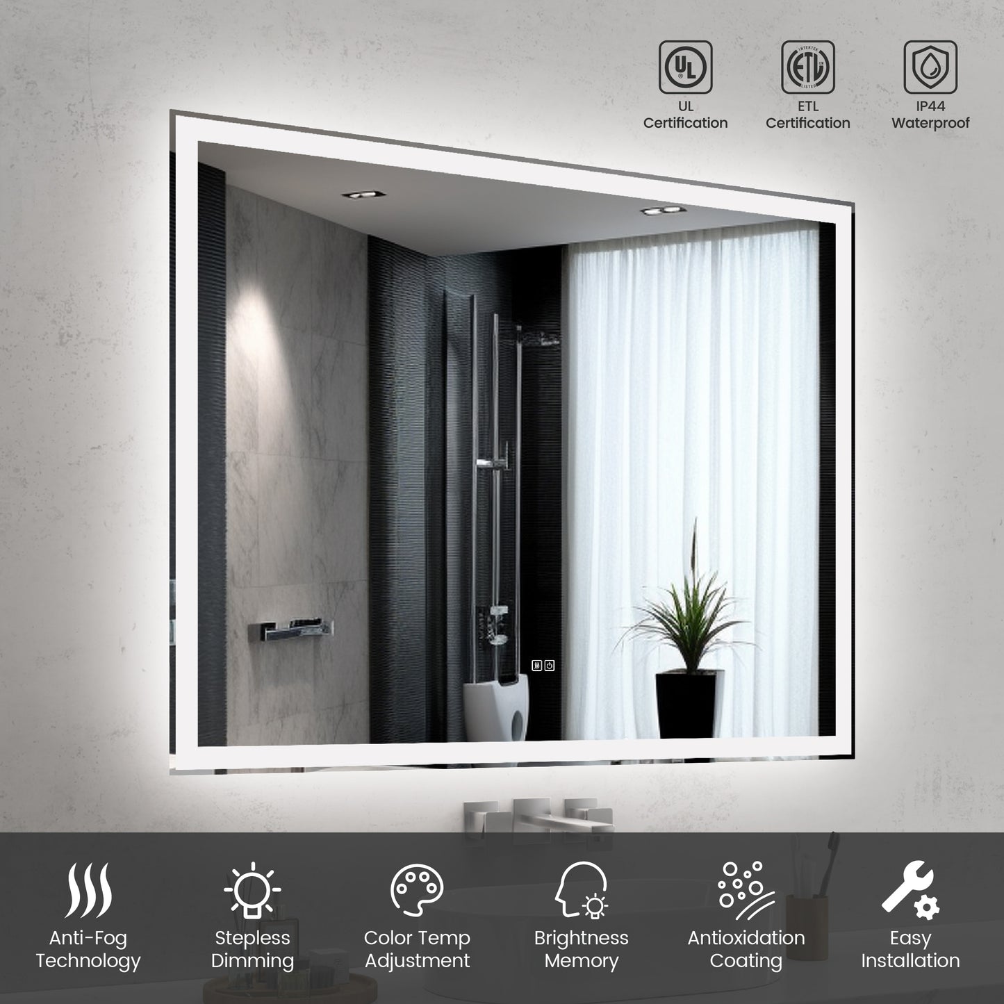 50"x40" Modern LED Smart Mirror, Front Lit & Back Lit With 3 Color Adjustable, Memory Function, Anti-Fog, Time Mode Contro