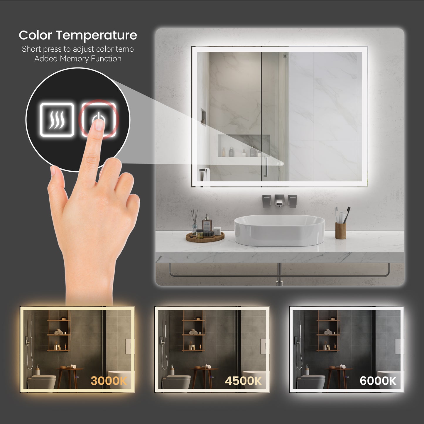 50"x40" Modern LED Smart Mirror, Front Lit & Back Lit With 3 Color Adjustable, Memory Function, Anti-Fog, Time Mode Contro