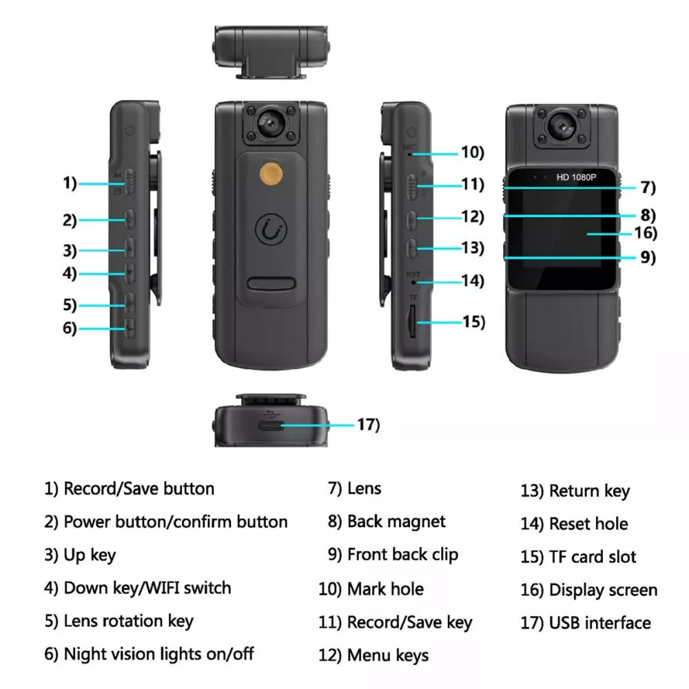 20-hour 1080P Camcorder Mini Police Body Camera HD 180° Video DVR IR Night Cam