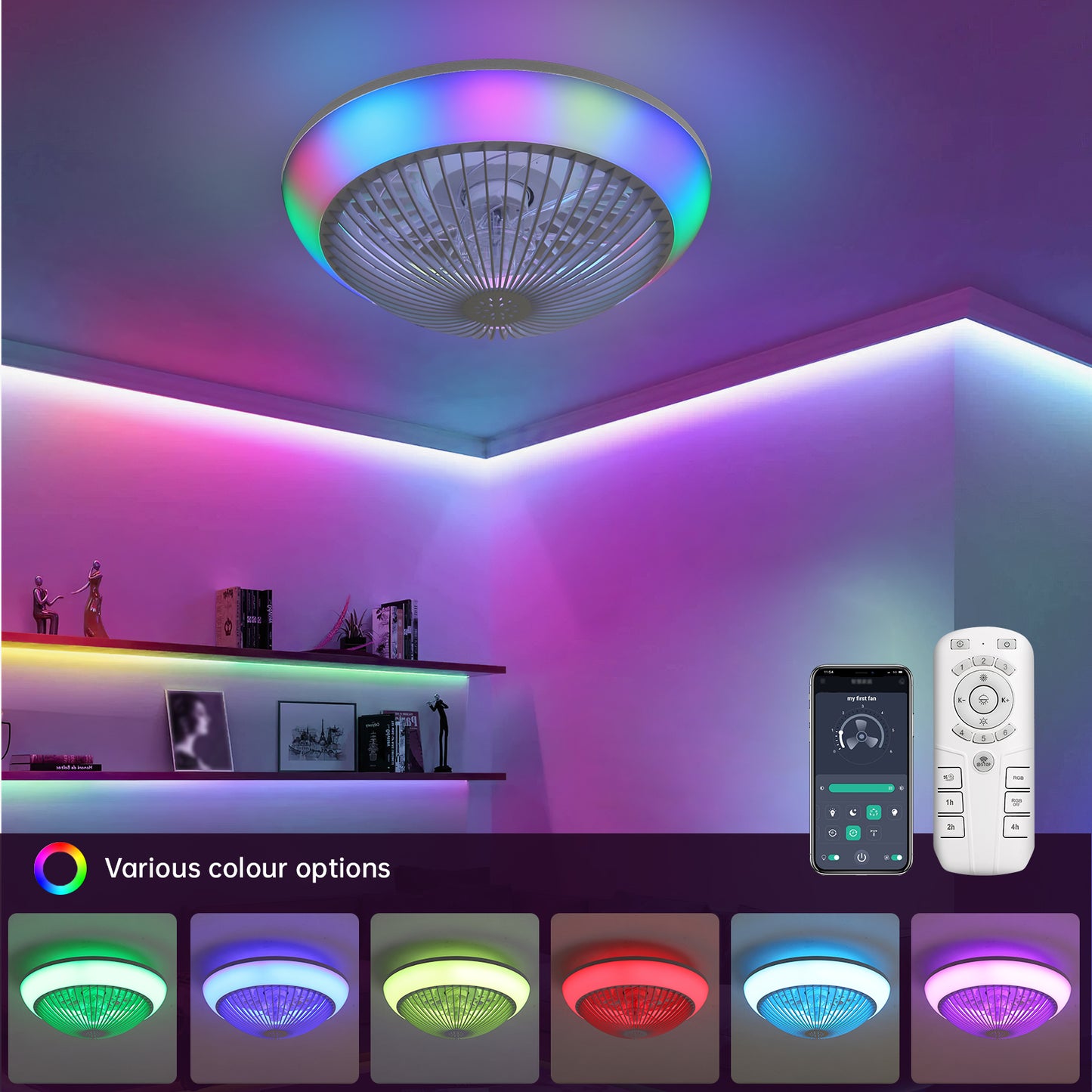 15 Inch RGB Dimmable Led Enclosed Ceiling Fan with Light Modern Bladeless 6 Speed Remote Control