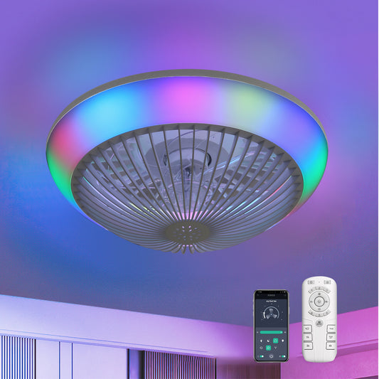 15 Inch RGB Dimmable Led Enclosed Ceiling Fan with Light Modern Bladeless 6 Speed Remote Control