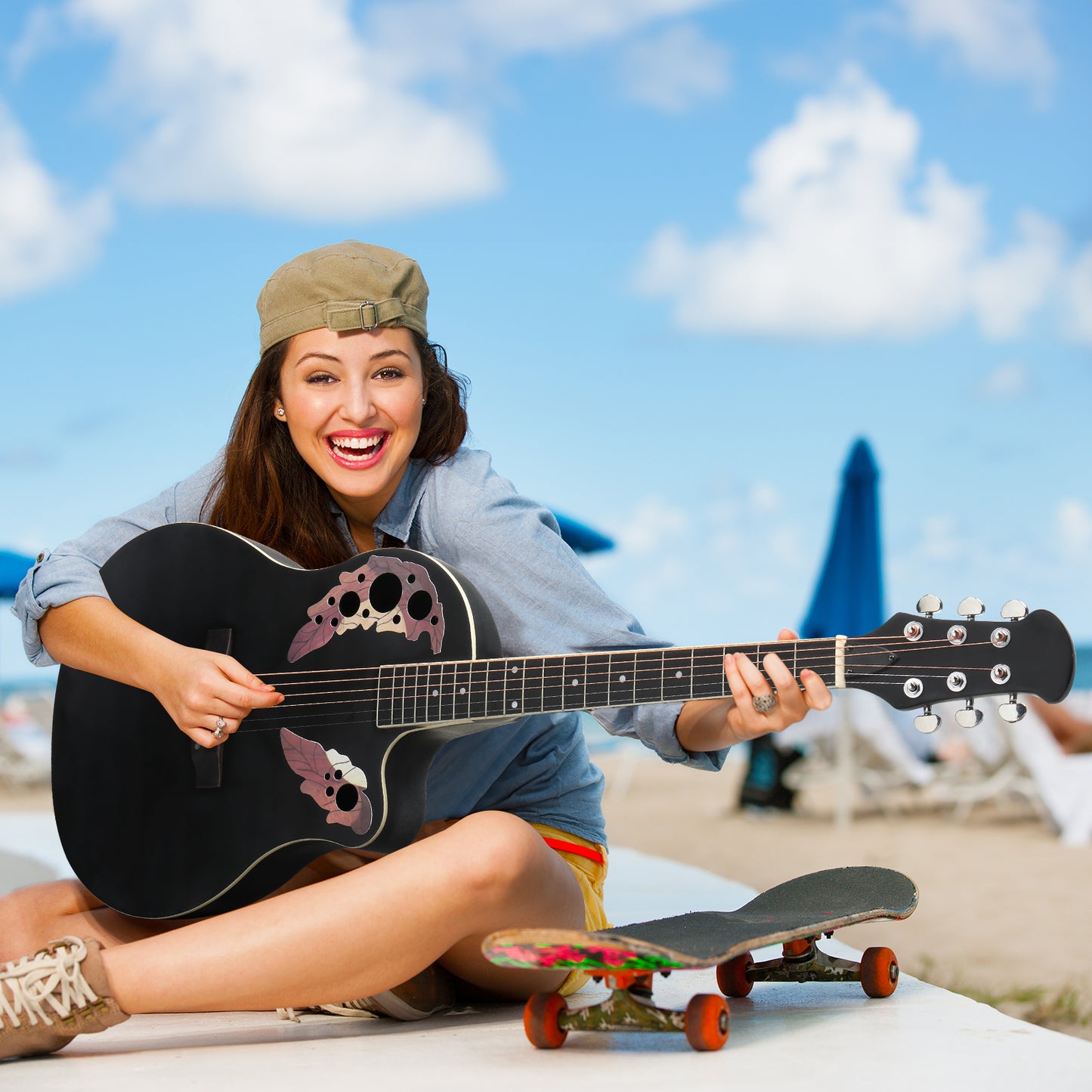 41 inch Cutawary Round  Back Acoustic Guitar Spruce Top Grape Hole Black