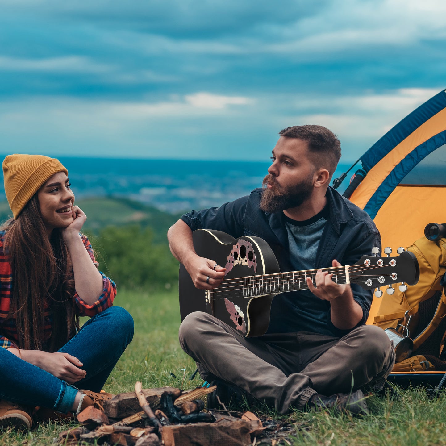 41 inch Cutawary Round  Back Acoustic Guitar Spruce Top Grape Hole Black