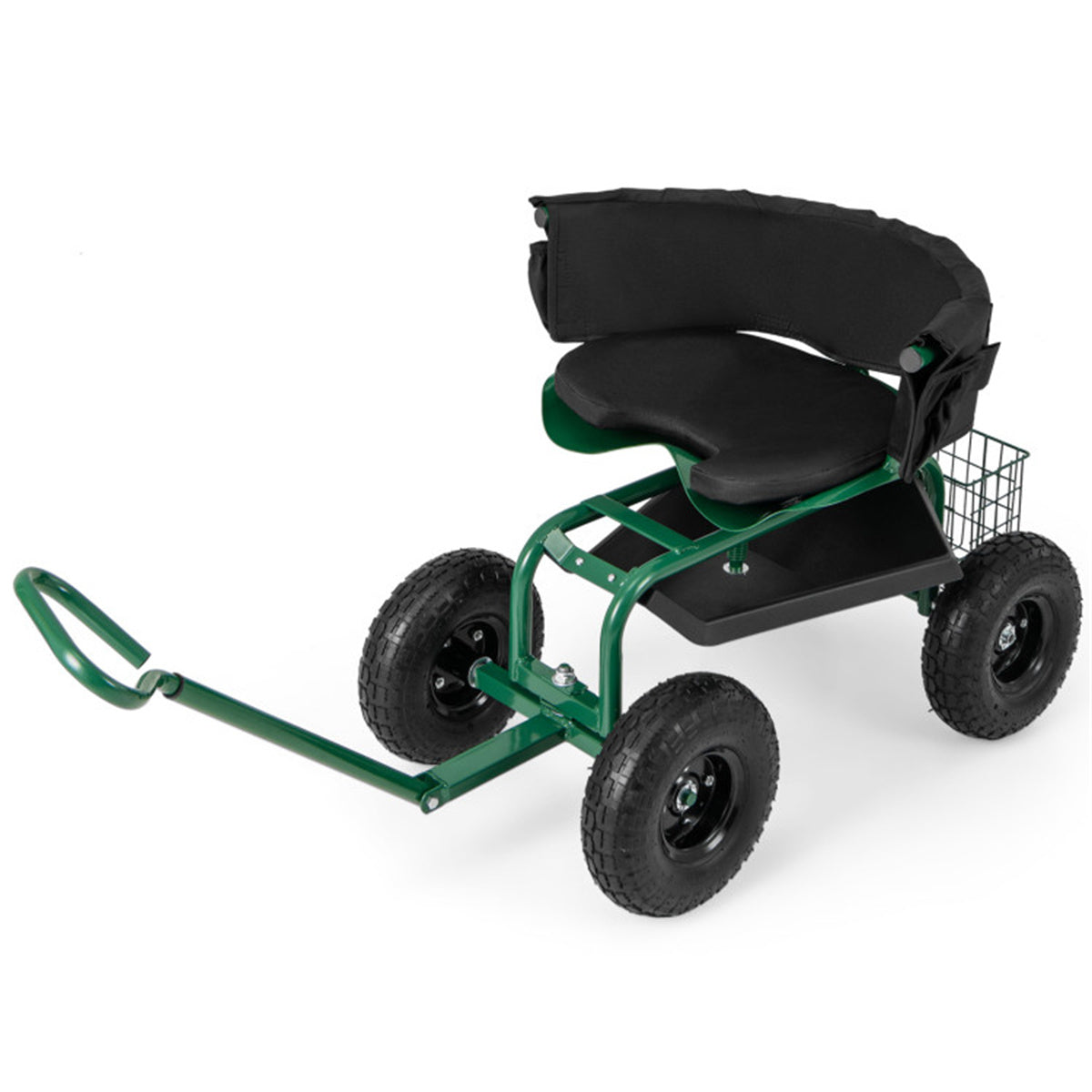 Garden Cart Height Adjustable Scooter with Swivel Seat & Tool Storage - Green