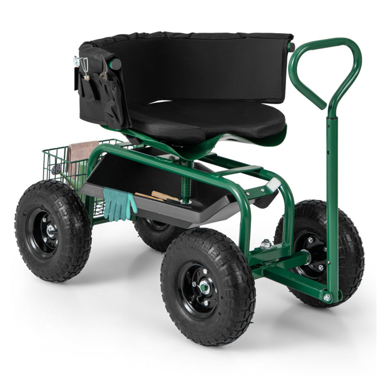 Garden Cart Height Adjustable Scooter with Swivel Seat & Tool Storage - Green