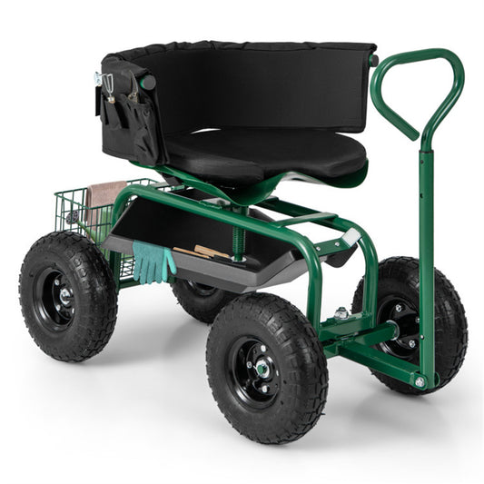 Garden Cart Height Adjustable Scooter with Swivel Seat & Tool Storage - Green
