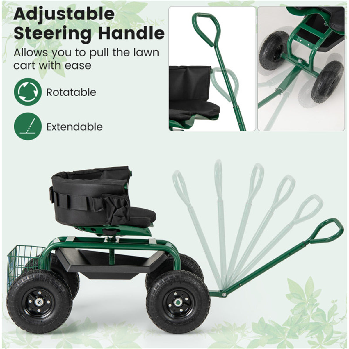 Garden Cart Height Adjustable Scooter with Swivel Seat & Tool Storage - Green
