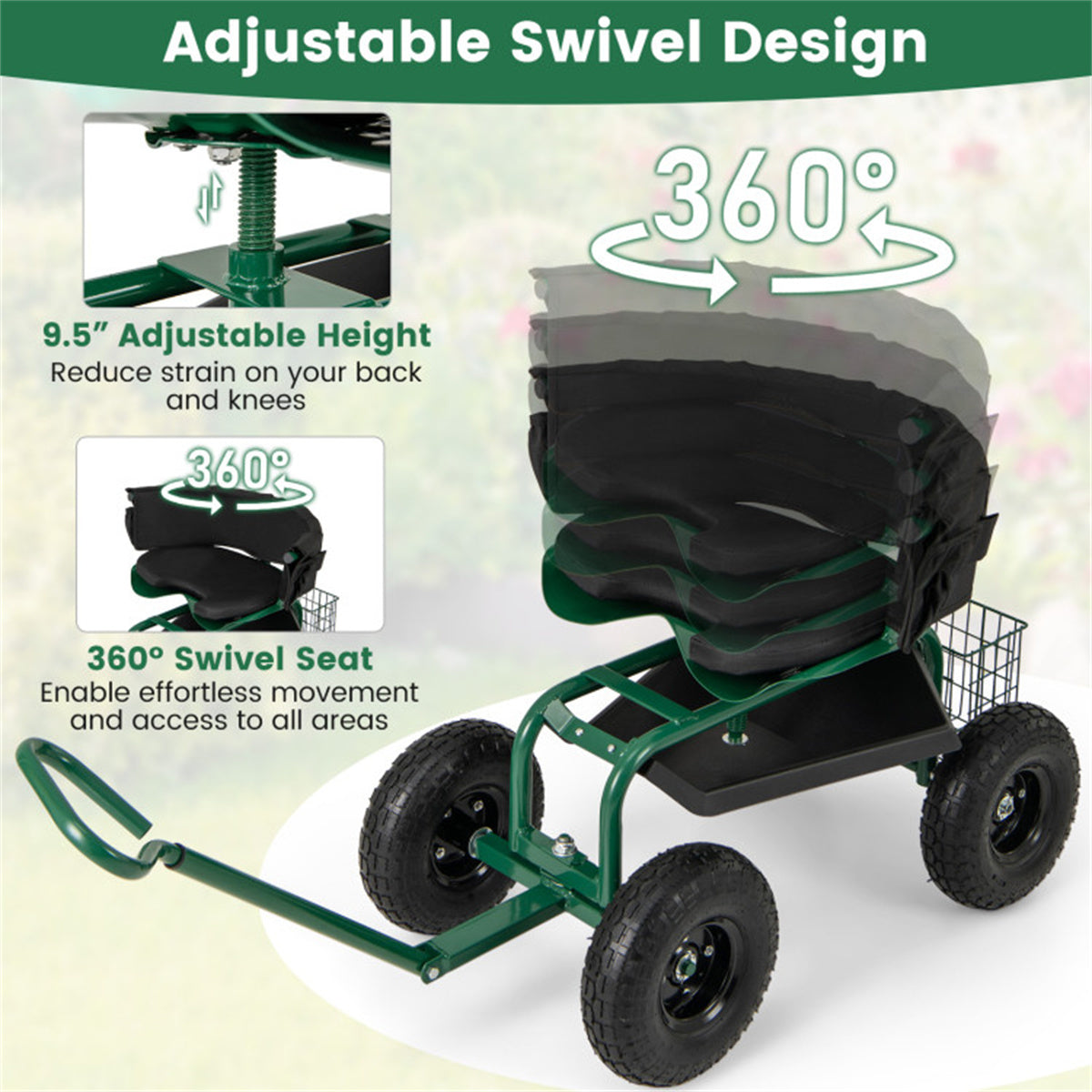 Garden Cart Height Adjustable Scooter with Swivel Seat & Tool Storage - Green