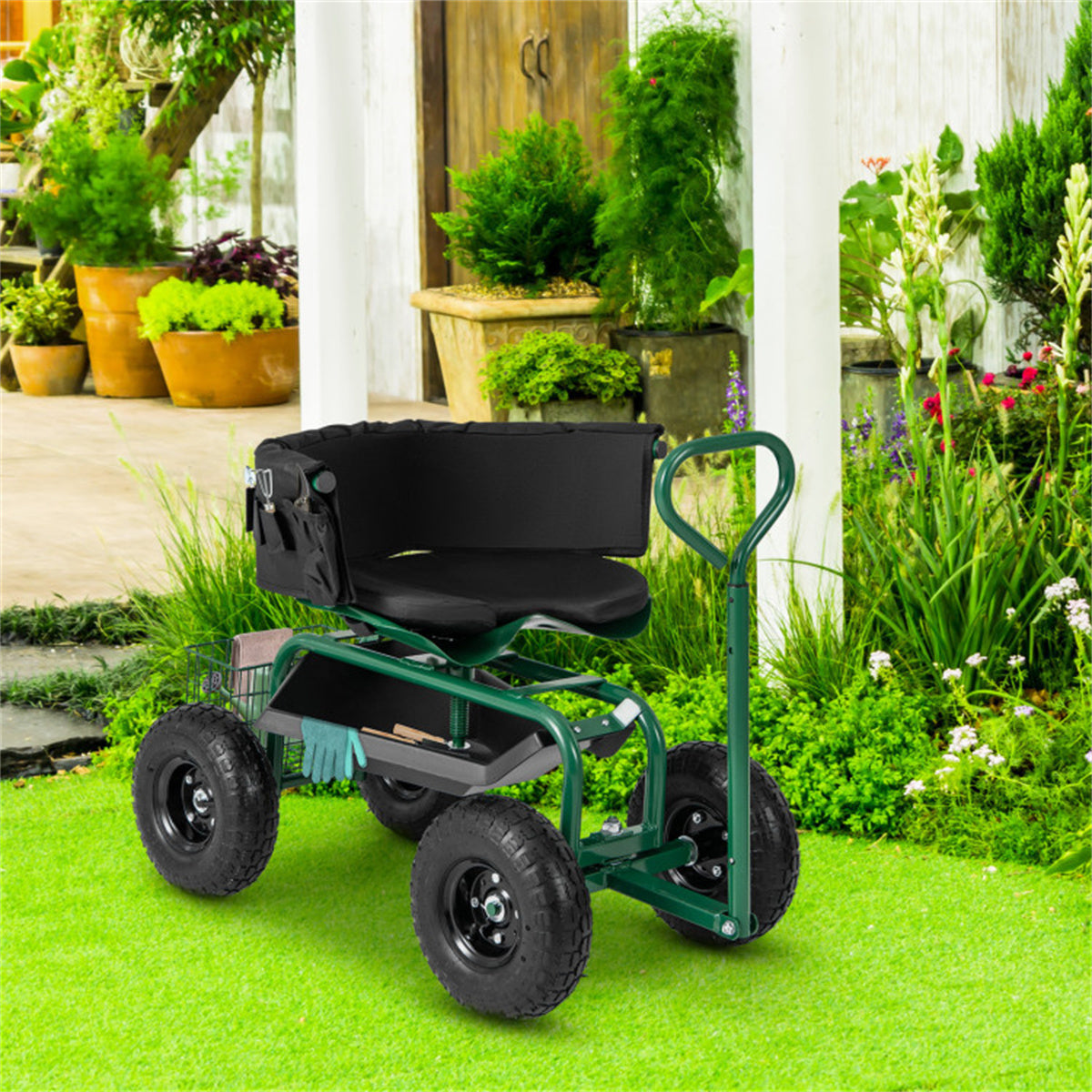 Garden Cart Height Adjustable Scooter with Swivel Seat & Tool Storage - Green