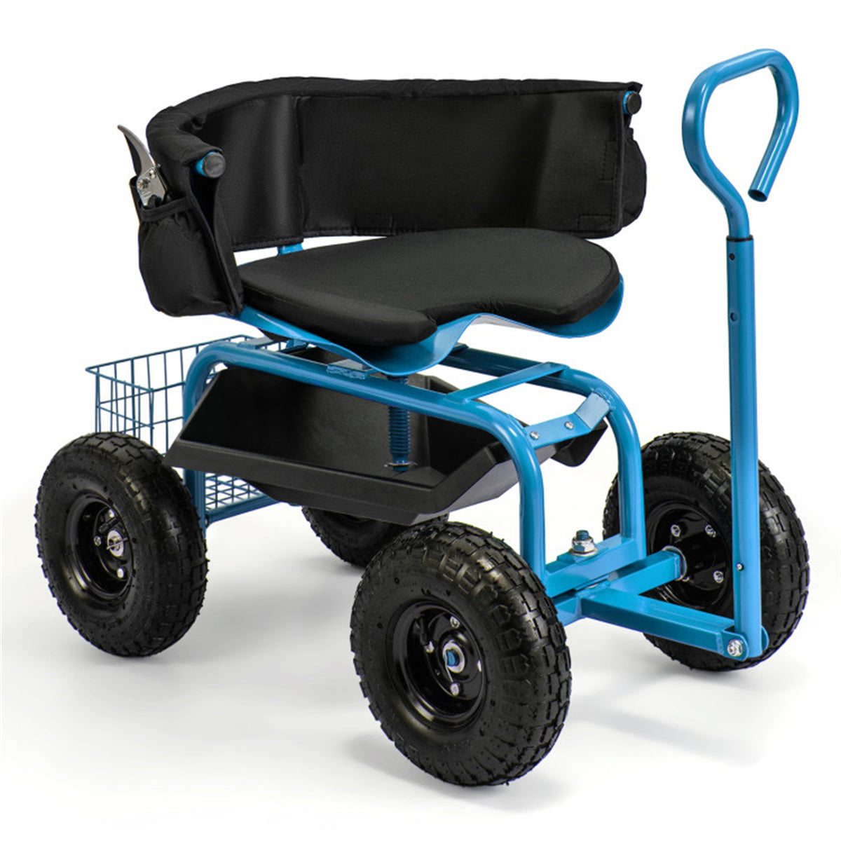 Garden Cart Height Adjustable Scooter with Swivel Seat & Tool Storage- Blue