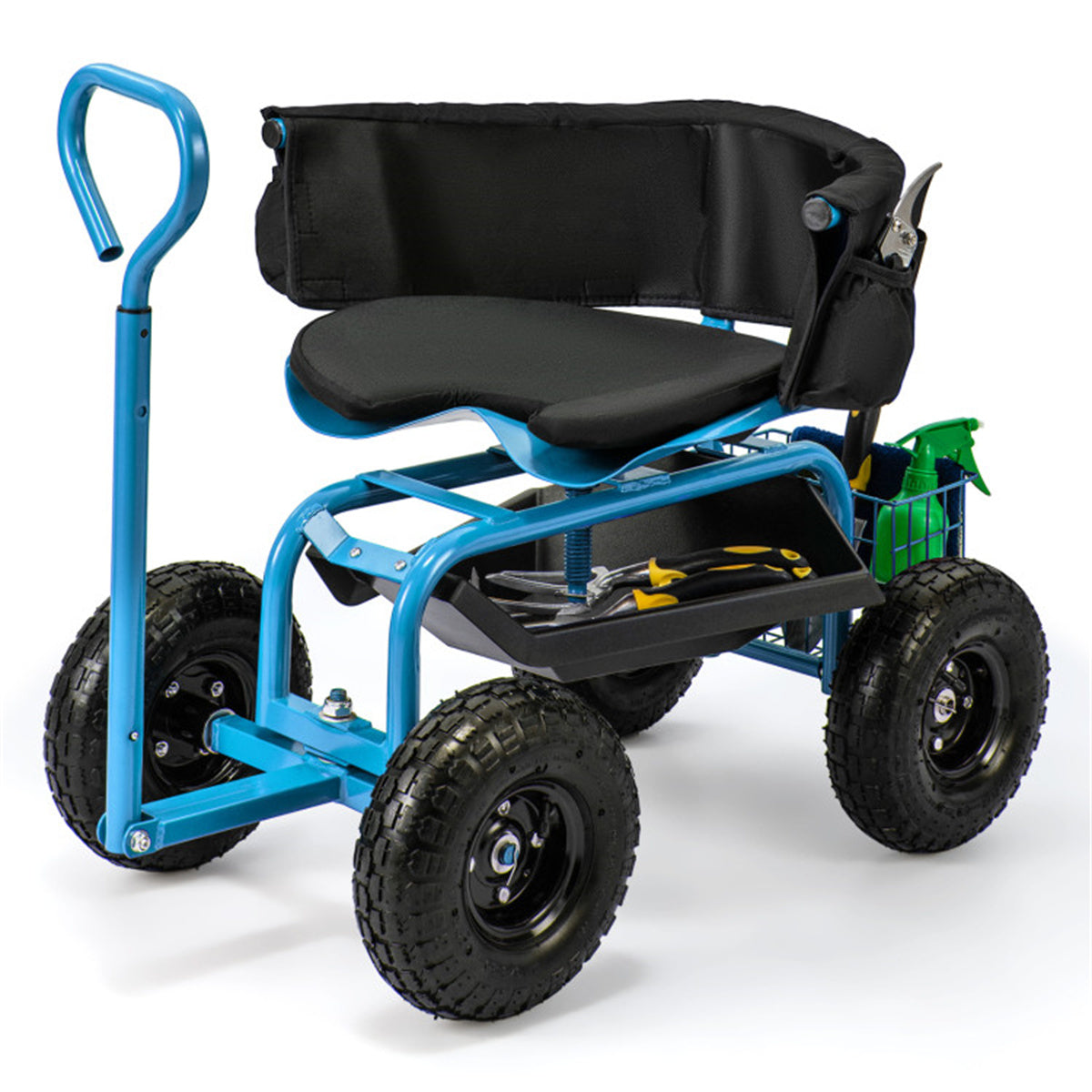 Garden Cart Height Adjustable Scooter with Swivel Seat & Tool Storage- Blue