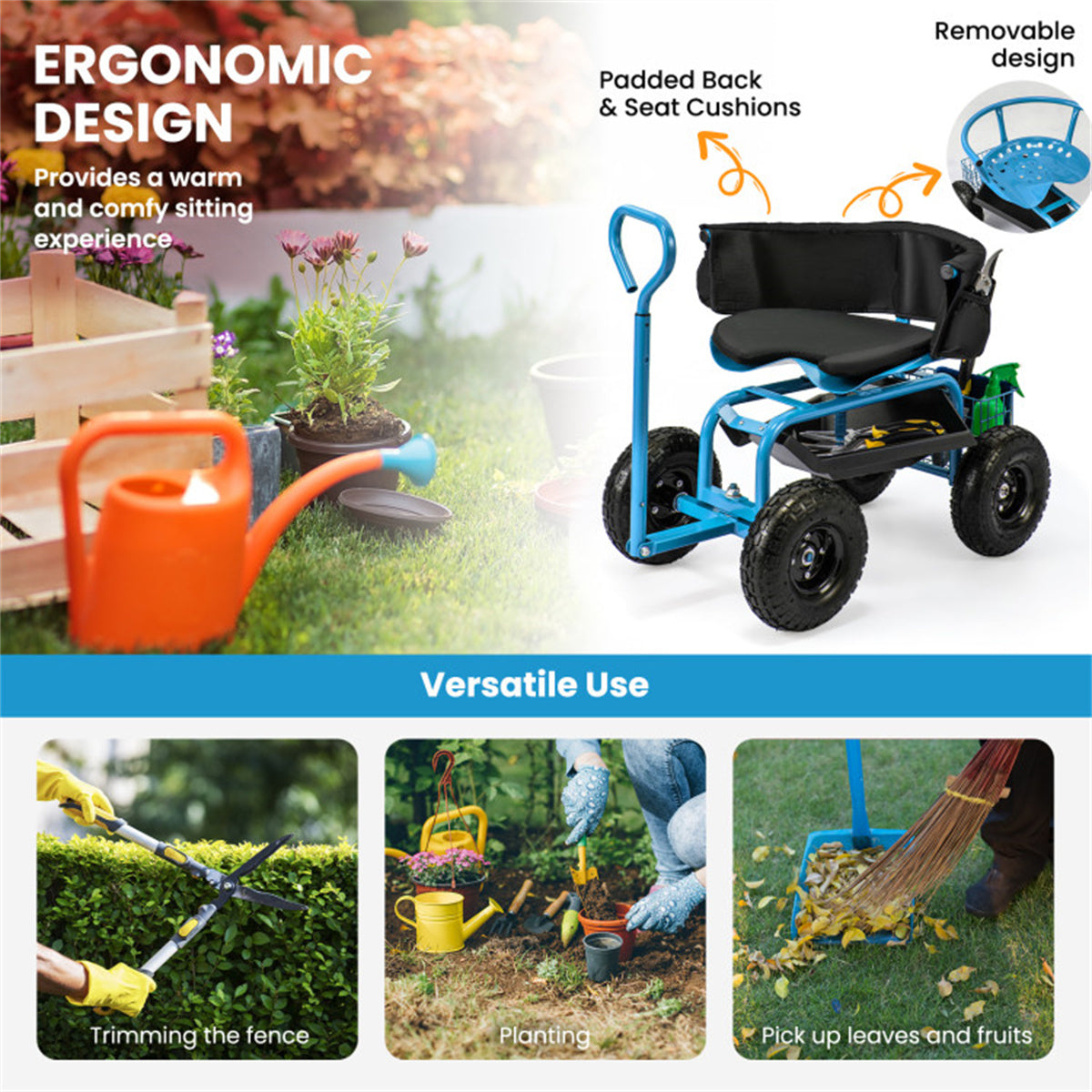 Garden Cart Height Adjustable Scooter with Swivel Seat & Tool Storage- Blue