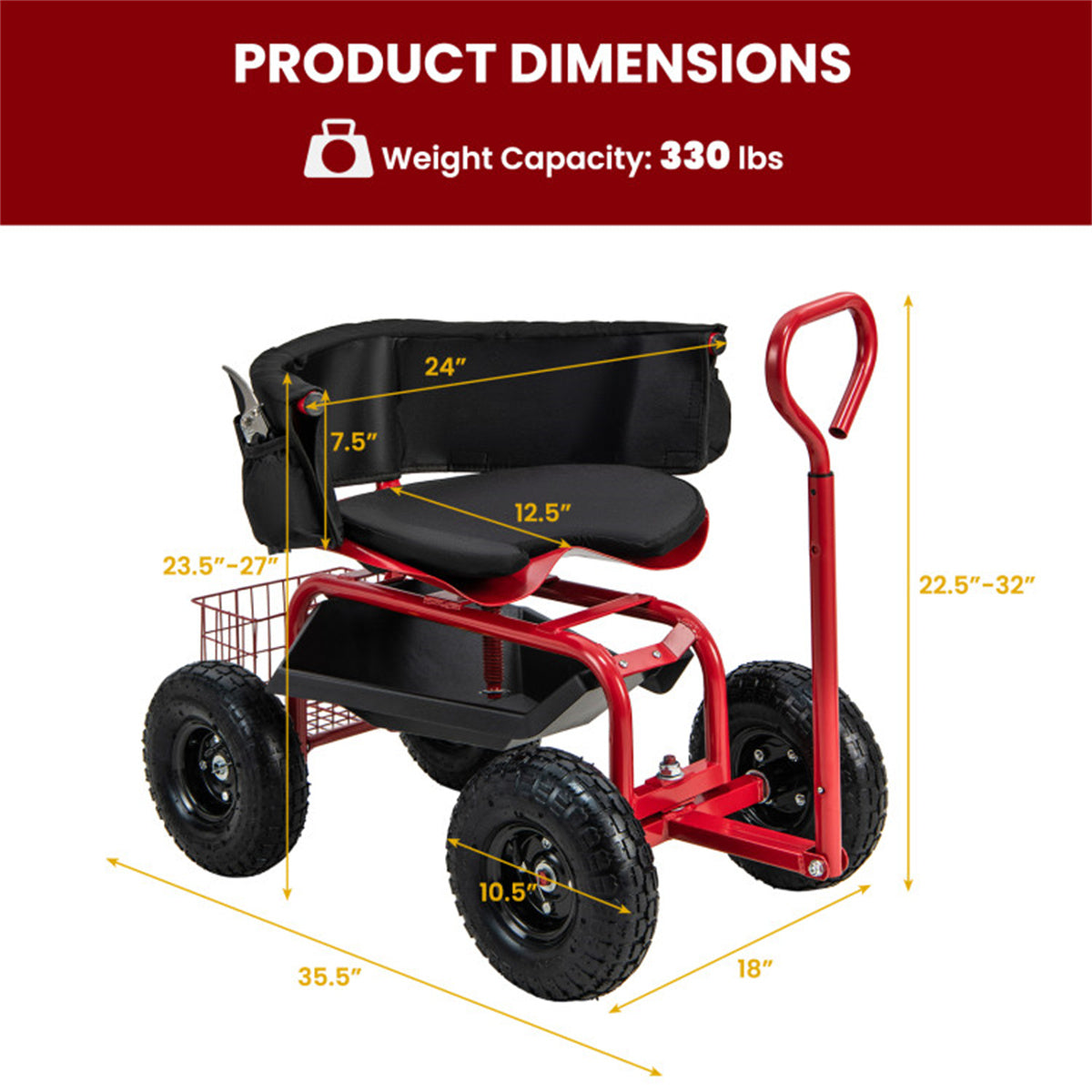 Garden Cart Height Adjustable Scooter with Swivel Seat & Tool Storage - Red