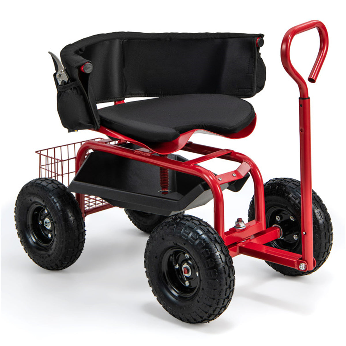 Garden Cart Height Adjustable Scooter with Swivel Seat & Tool Storage - Red