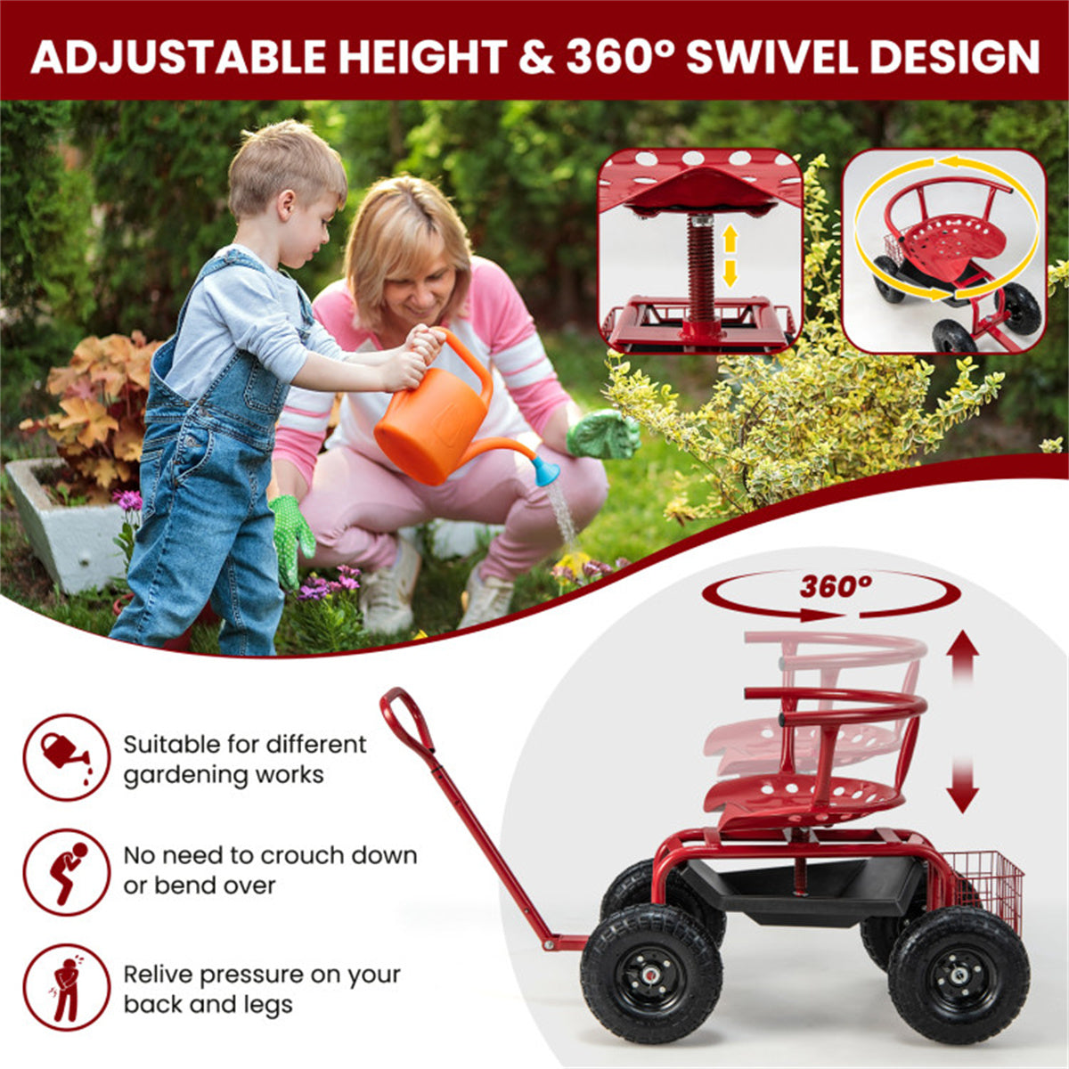 Garden Cart Height Adjustable Scooter with Swivel Seat & Tool Storage - Red