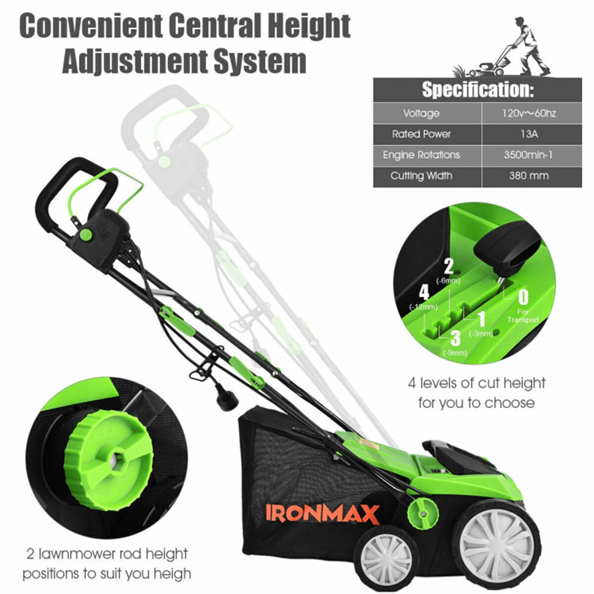 13 Inch 12 Amp Electric Scarifier with Collection Bag and Removable Blades Electric Lawn Dethatcher w/ 50L Collection Bag Green