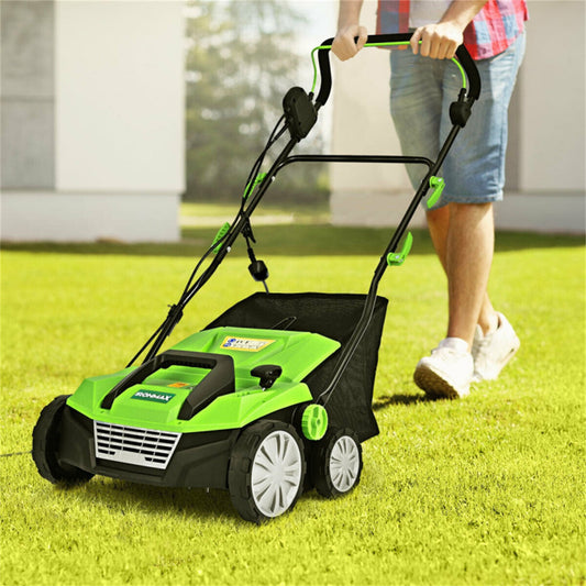 13 Inch 12 Amp Electric Scarifier with Collection Bag and Removable Blades Electric Lawn Dethatcher w/ 50L Collection Bag Green