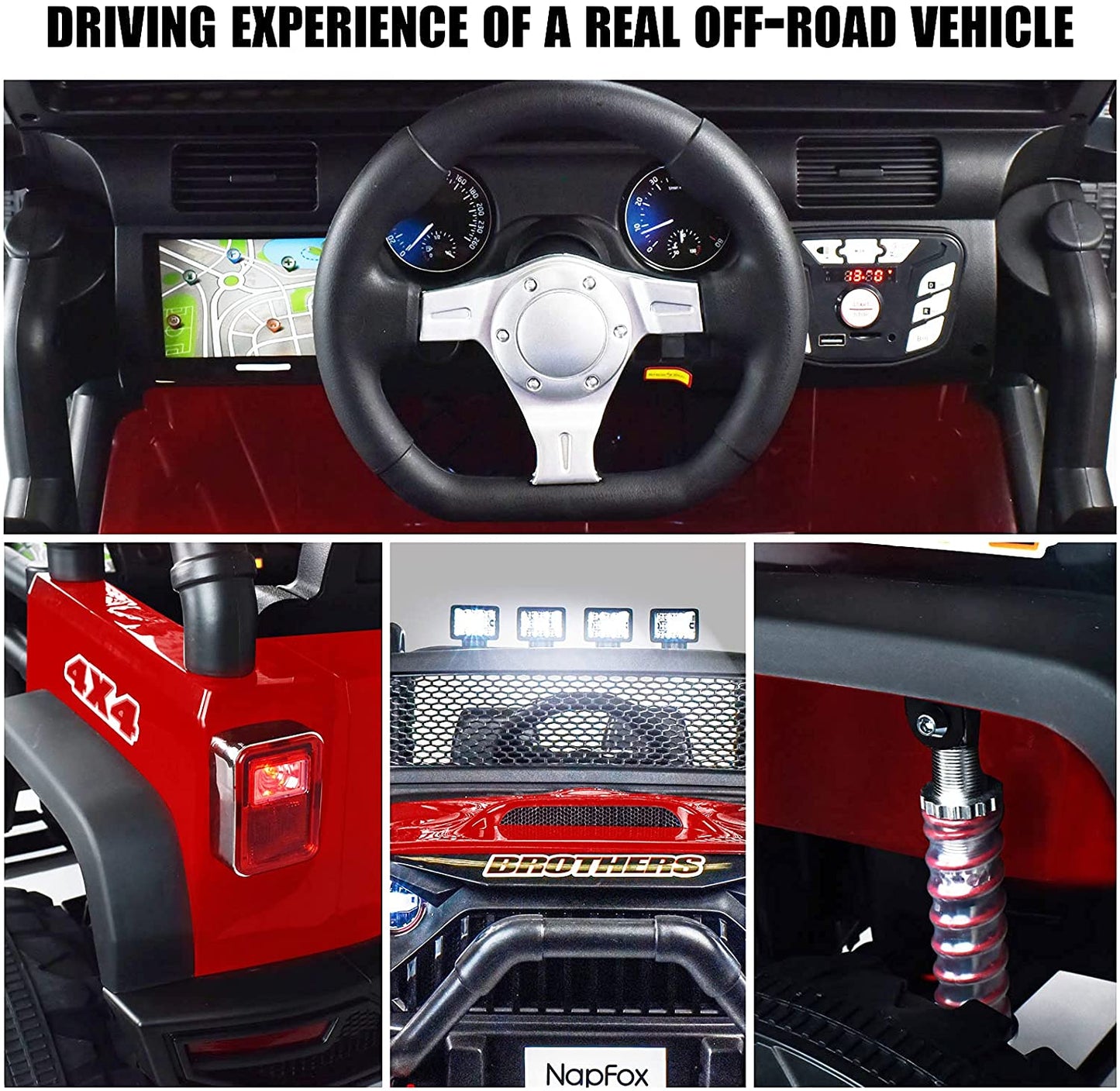 48.4" Large Ride On Car for Kids, Battery Powered Electric Car with 2 Seats, Remote Control, 14" Large Suspension Wheels, LED Lights, Music, Bluetooth,red