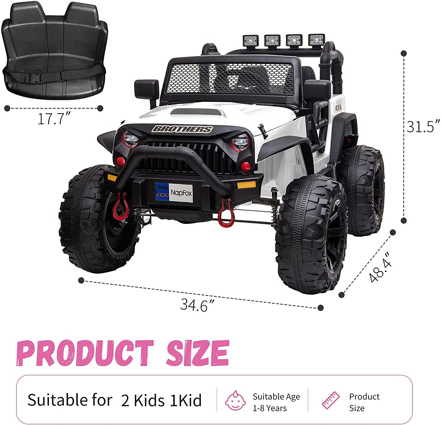 48.4" Large Ride On Car, Battery Powered Electric Car with 2 Seats, Remote Control, 14" Large Suspension Wheels, LED Lights, Music, Bluetooth,white