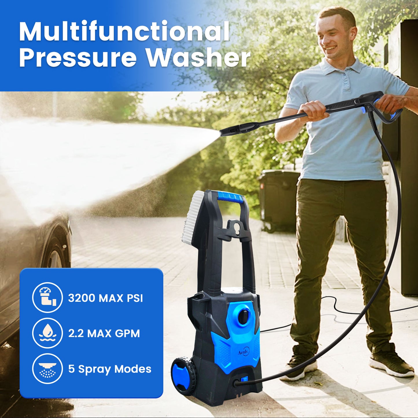 Electric Pressure Washer, Electric Power Washer with Rotatable Nozzles, 3200 PSI Max 2.2 GPM High Pressure Cleaning Machine with Foam Cannon, Power Washer for Car, Floor, Yard