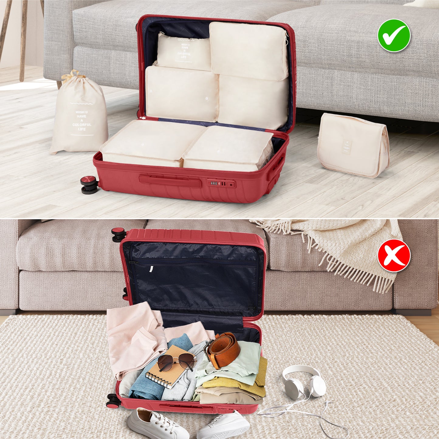 4-Piece Luggage Set with 2 Handbags & 8-Piece Toiletry Kit – Durable PP Suitcase (18in/20in/24in/28in) + 30L Travel Tote + 3L Crossbody Wash Bag – Iron Telescopic Handle – Red