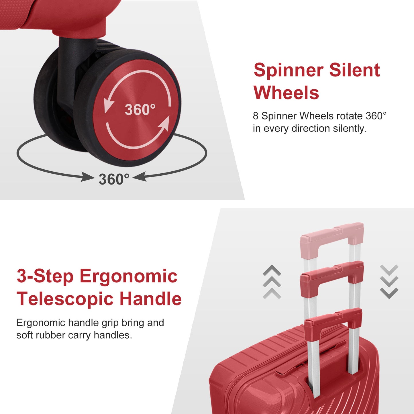 4-Piece Luggage Set with 2 Handbags & 8-Piece Toiletry Kit – Durable PP Suitcase (18in/20in/24in/28in) + 30L Travel Tote + 3L Crossbody Wash Bag – Iron Telescopic Handle – Red