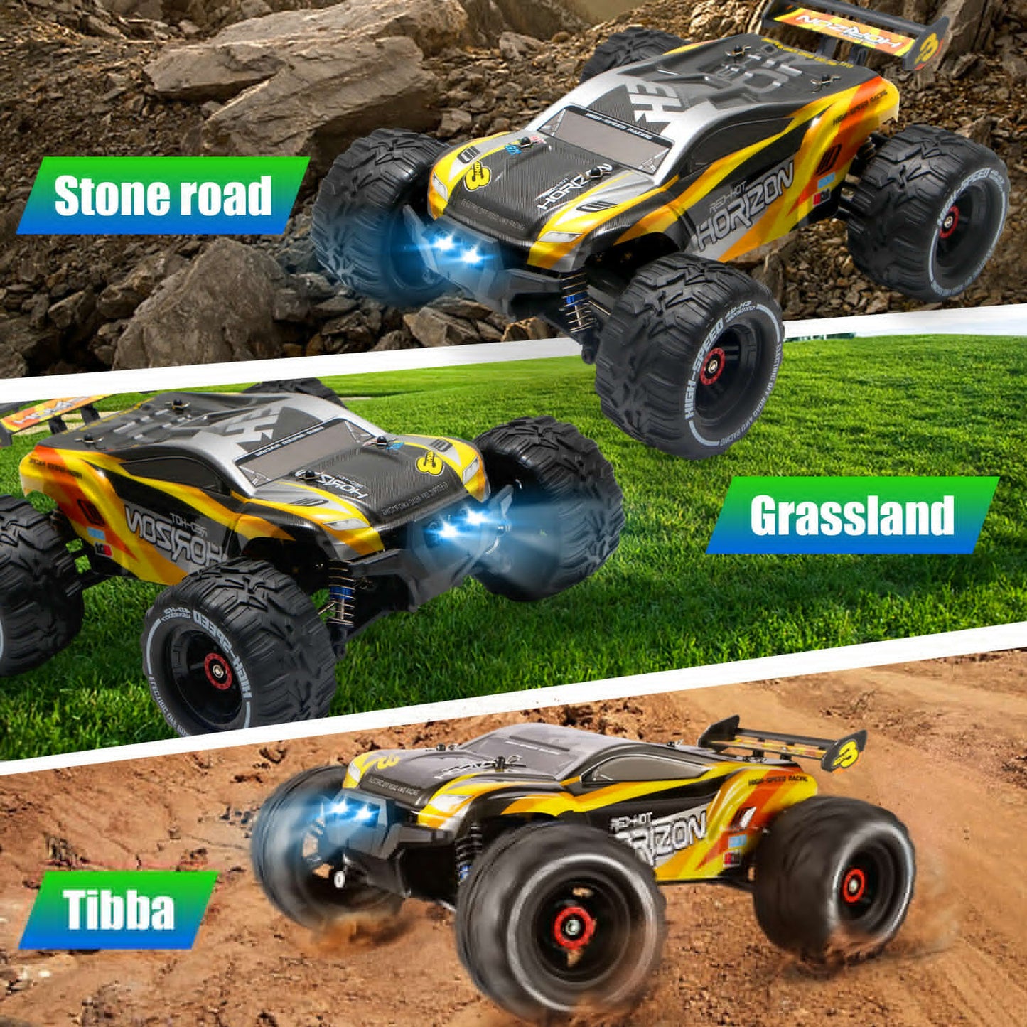 High Speed 50+kmh RC Car, RC Monster Truck,Racing Hobby Car, 4WD All Terrain Off-Road Remote Control Car, 2.4Ghz RC Crawler, 2 Battery