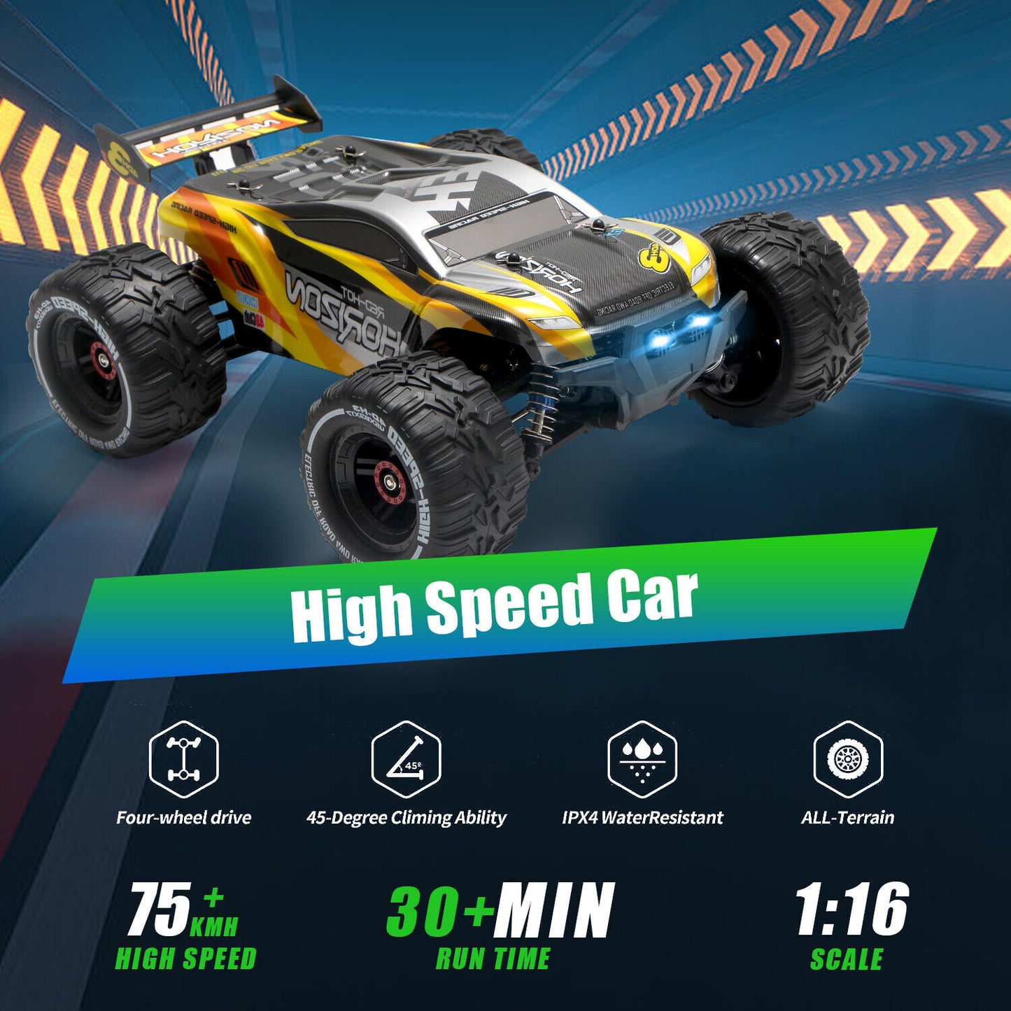 High Speed 50+kmh RC Car, RC Monster Truck,Racing Hobby Car, 4WD All Terrain Off-Road Remote Control Car, 2.4Ghz RC Crawler, 2 Battery