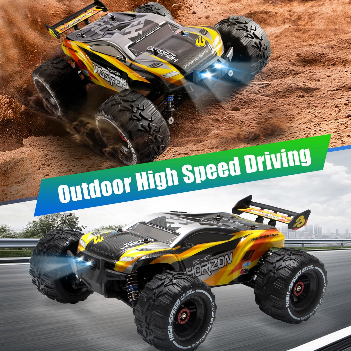 High Speed 50+kmh RC Car, RC Monster Truck,Racing Hobby Car, 4WD All Terrain Off-Road Remote Control Car, 2.4Ghz RC Crawler, 2 Battery