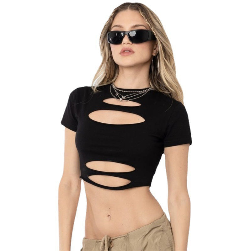 Solid Color Fashion Slim Fit Short Sleeved Hollow Out Short Top