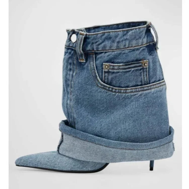 Denim Fine High Heel Boots Fashion Pointed Short Boots