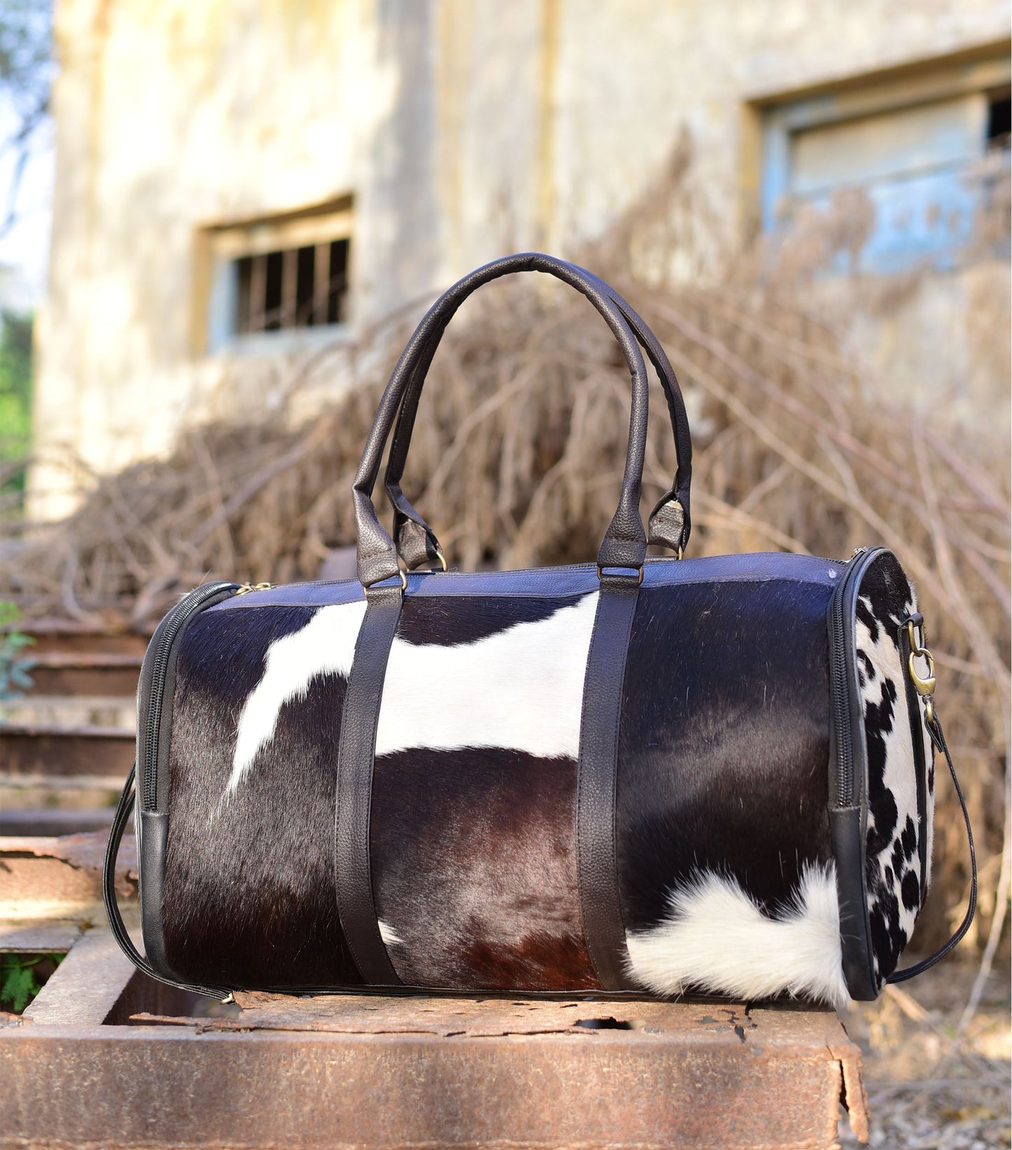 Black and White Overnight Bag, Cow Hide Pony Skin Design, Luxurious Travel Essential, Unique Gift for Jetsetter