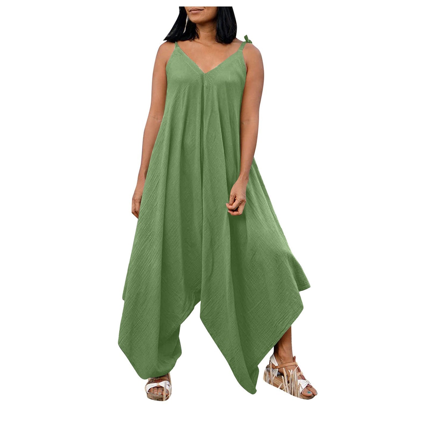 Solid color suspender backless V-neck sleeveless loose wide leg pants jumpsuit