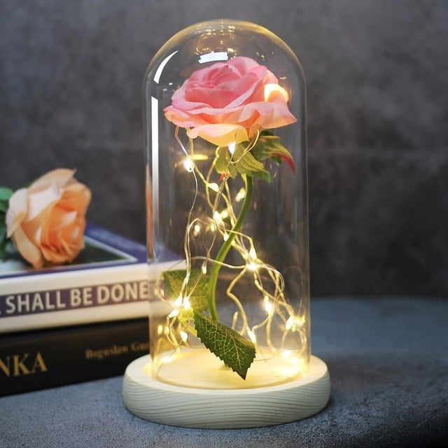 Rose In Flask Led Rose Flower Light Black Base Glass Dome
