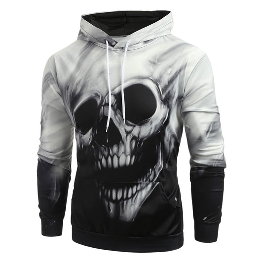 3D Printed Skull Print Long Sleeve Kangaroo Pocket Hoodie