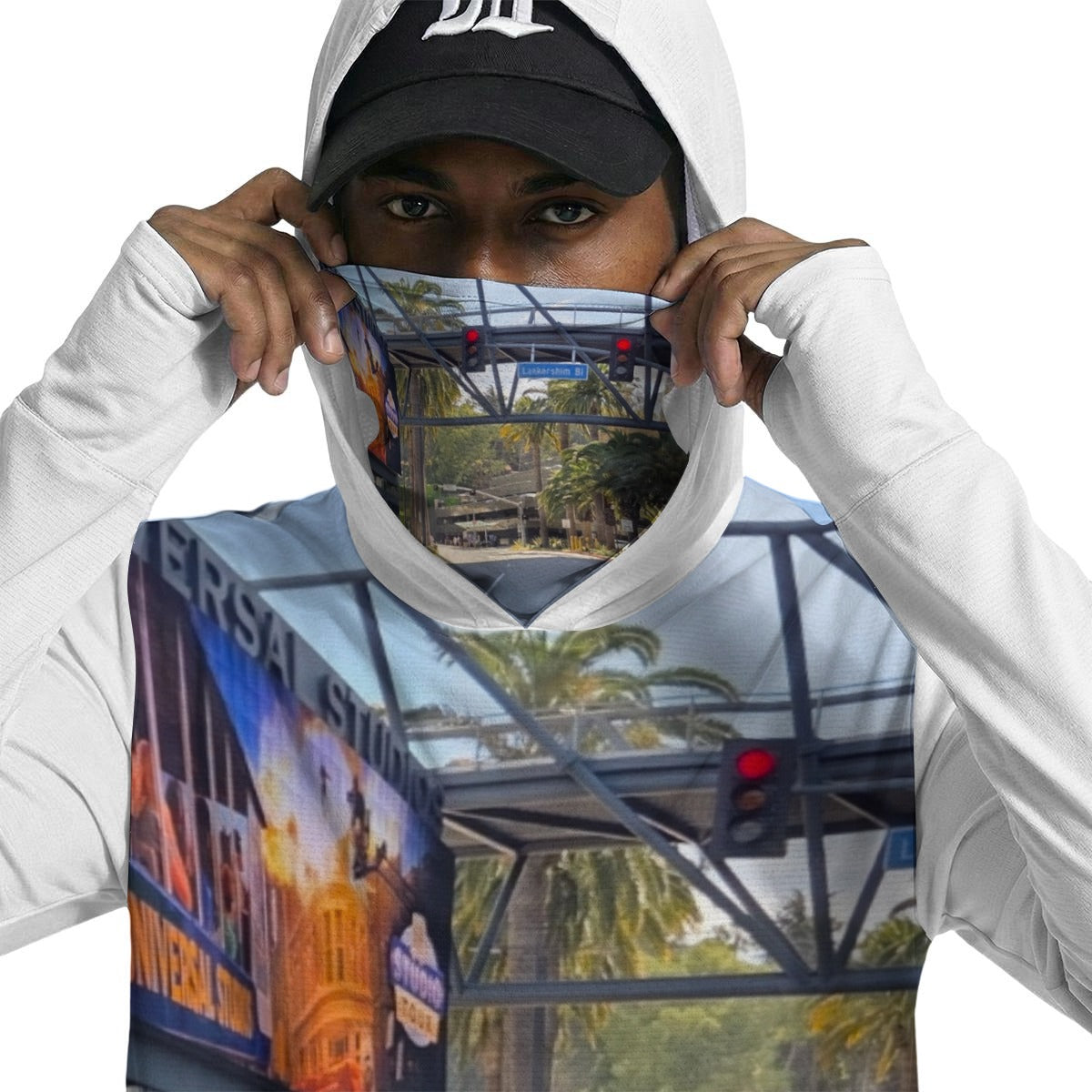 NEW!!! "THAT PART" branded (left sleeve/ UNIVERSAL Studios Sign front/ rear) Sun Protection Hoodie with Face Cover and Thumb Holes