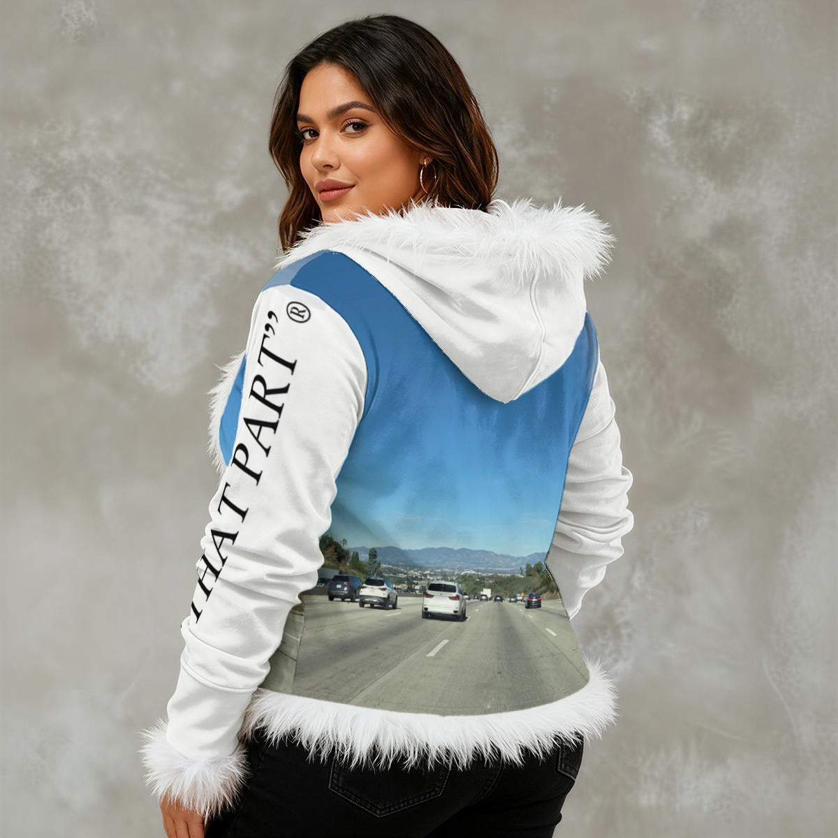 NEW!!! "THAT PART" branded (left sleeve / 405 FWY front rear) Women's Faux Fur Trim Hooded Jacket | Velvet