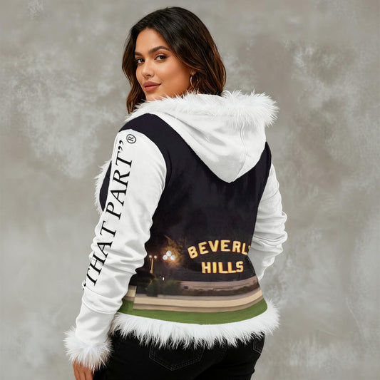 NEW!!! "THAT PART" branded (left sleeve/ BEVERLY HILLS Sign at Night front/ rear) Women's Faux Fur Trim Hooded Jacket | Velvet