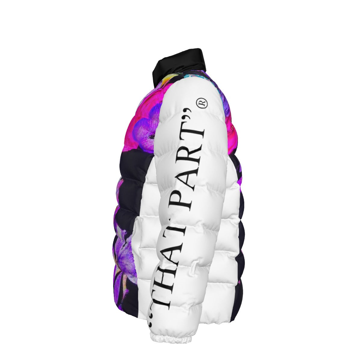 NEW!!! "THAT PART" branded (left sleeve/ DIGITAL FLOWERS BOUQUET Sign front/rear) Unisex Stand collar slim down jacket