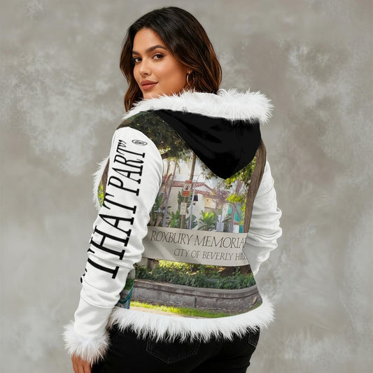 NEW!!! "THAT PART" branded  (left sleeve/ ROXBURY Park B.H. front/ rear) Women's Faux Fur Trim Hooded Jacket | Velvet