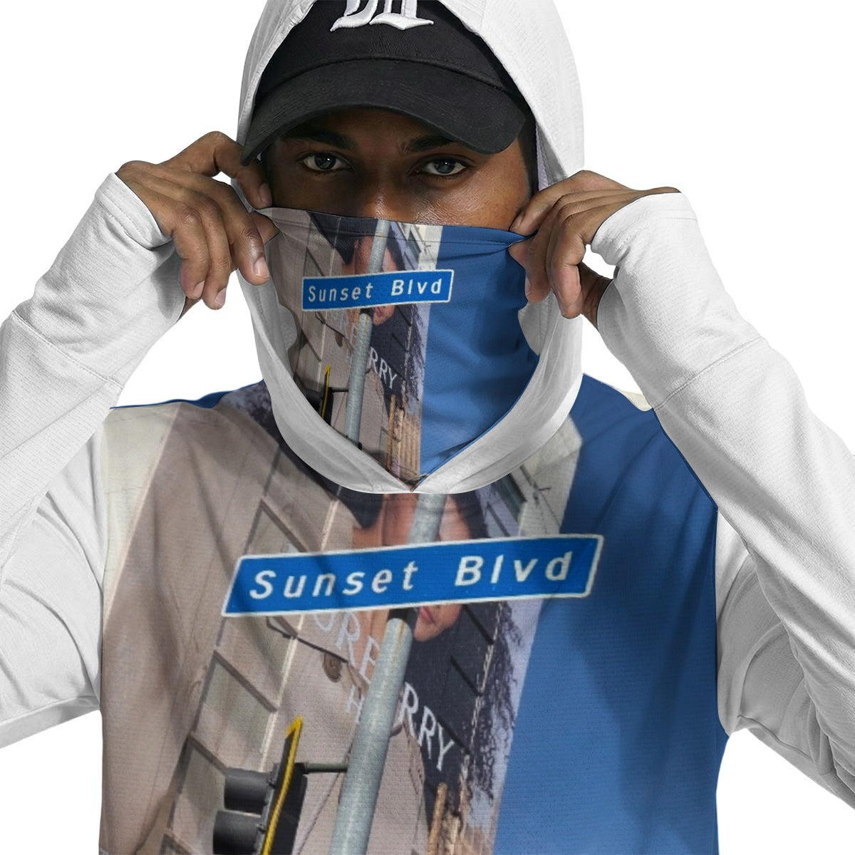 NEW!!! "THAT PART" branded (SUNSET Blvd. area sign front/rear) Men’s Sun Protection Hoodie with Face Cover and Thumb Holes